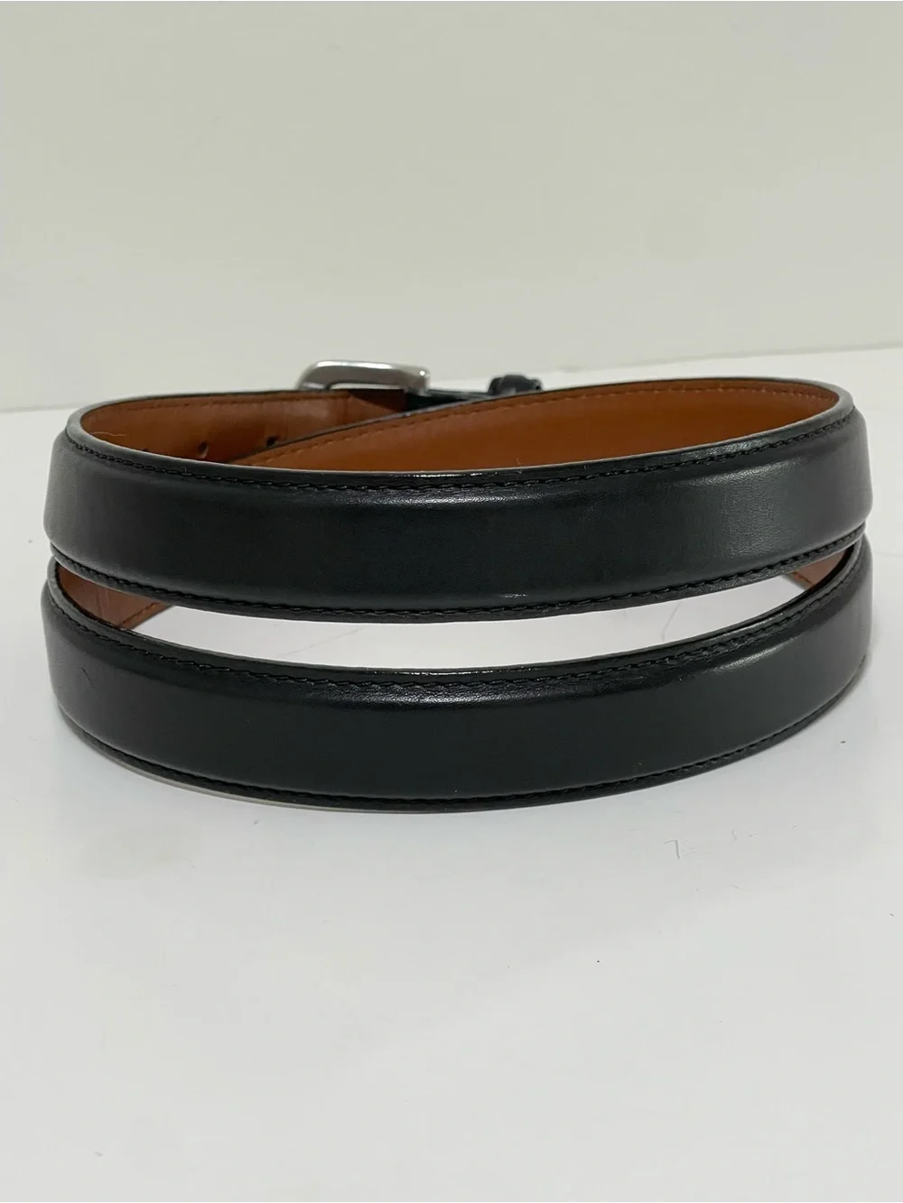 LL Bean Smooth Black Leather Belt Silver Tone Buckle Made in USA Vintage Size 42
